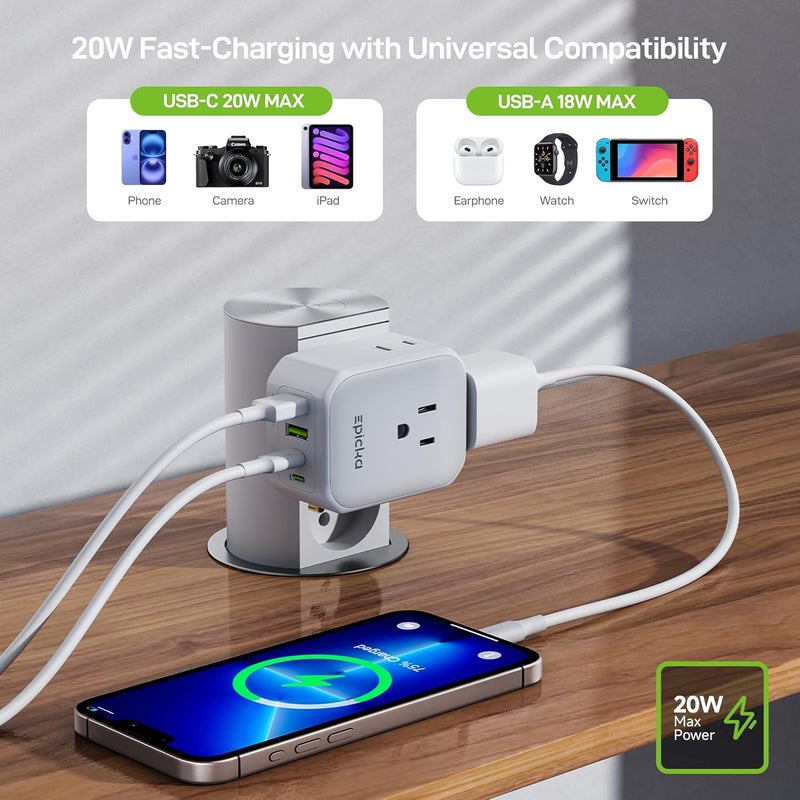 EPICKA Hybrid European Travel Plug Adapter, Foldable & Detachable Type C (EU) VisaPlug, 8-IN-1 International Power Adapter with 4 USB Ports (2 USB-C PD 20W) - Travel Essentials for US to Europe, White - Image 3